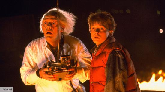 Marty and Doc watch the time machine in Back to the Future