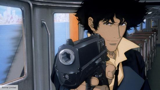 animated man on a train holding a gun