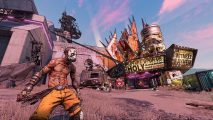 A psycho in Borderlands standing a desert region of Pandroa, in front of an old disused store billboard