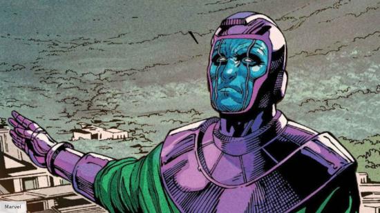 Kang in a purple and green suit, with a blue mask, staring skywards