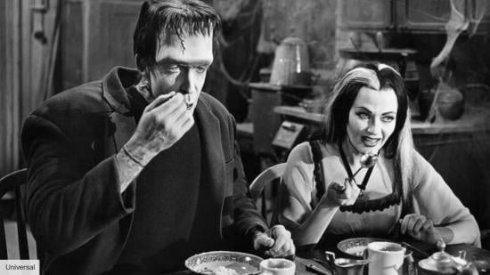 Herman and Lily of The Munsters having breakfast together