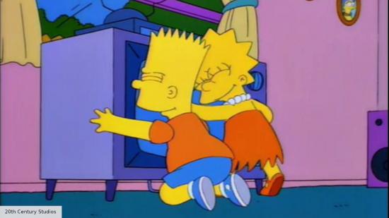 Bart and Lisa hugging the TV in The Simpsons