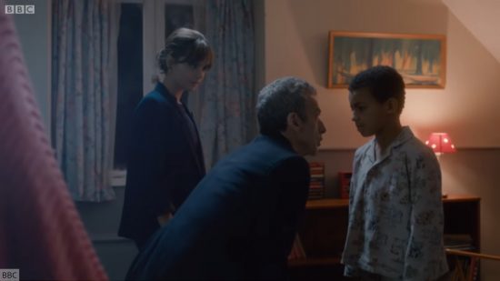 Creepiest Doctor Who stories: Listen. Image shows the Twelfth Doctor, Clara, and a young Danny Pink.