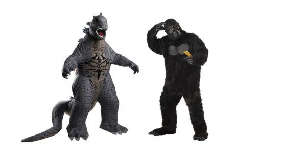 Two people, one dressed like Godzilla, the other like King Kong.