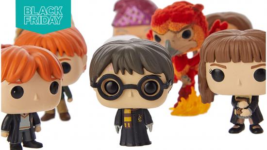 A selection of mini figures from the Harry Poter Funko advent calendar, with Ron, Harry and Hermione in the centre. A Black Friday flag is at the top left of the frame.