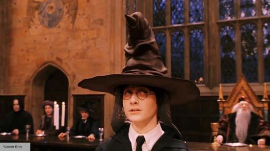 Harry Potter wearing the sorting hat in Hogwarts