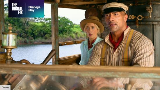 Dwayne Johnson and Emily Blunt on a riverboat
