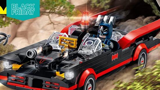 LEGO Batman driving his LEGO Batmobile. To the top left, there is a Black Friday flag.