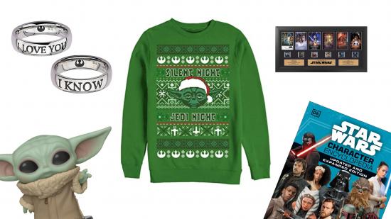 A Grogu Funko Pop, a Star Wars reference book, film cells and couples rings surround a Yoda Christmas jumper.