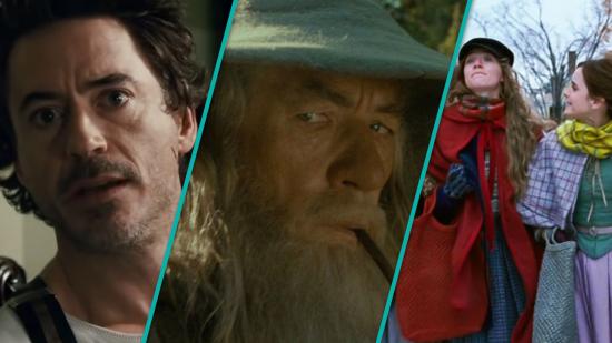 Best movies based on books spliced together - on the left is a film version of Sherlock Holmes, then Gandalf from Lord of the Rings, then a movie adaptation of Little Women.