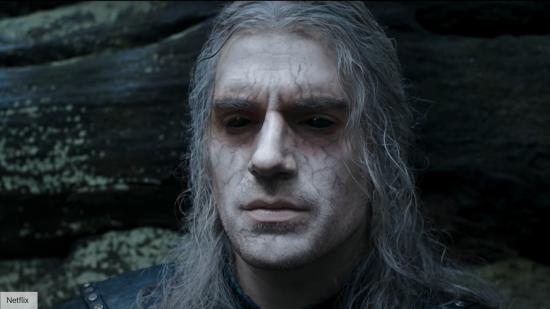 Henry Cavill as Geralt in The Witcher, with the character's trademark black eyes