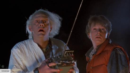 Doc and Marty have a stunned expression on their faces, taken from the movie Back to the Future.
