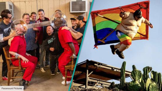Jackass Forever review: Johnny Knoxville, Ehren McGhehey, Wee Man, Steve-O, Preston Lacy, Dave England, and Chris Pontius in Jackass Forever