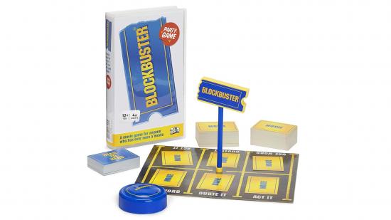 The box, board, cards and buzzer that you get in The Blockbuster Game.