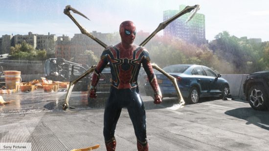 Pete Parker (Tom Holland) uses his robot spider legs in Spider-Man No Way Home