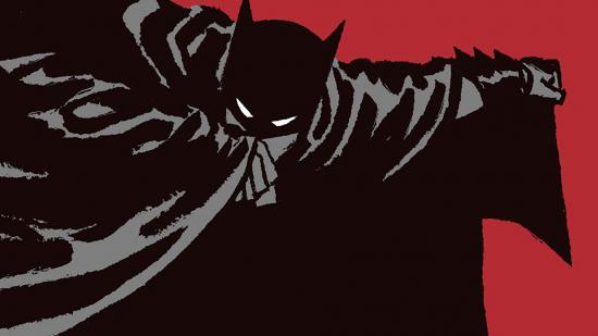 Batman on a red background, taken from the cover of the Batman: Year One trade paperback edition.