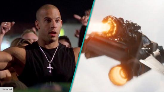 Vin Diesel as Dom Toretto in Fast Five, car going to space in Fast 9