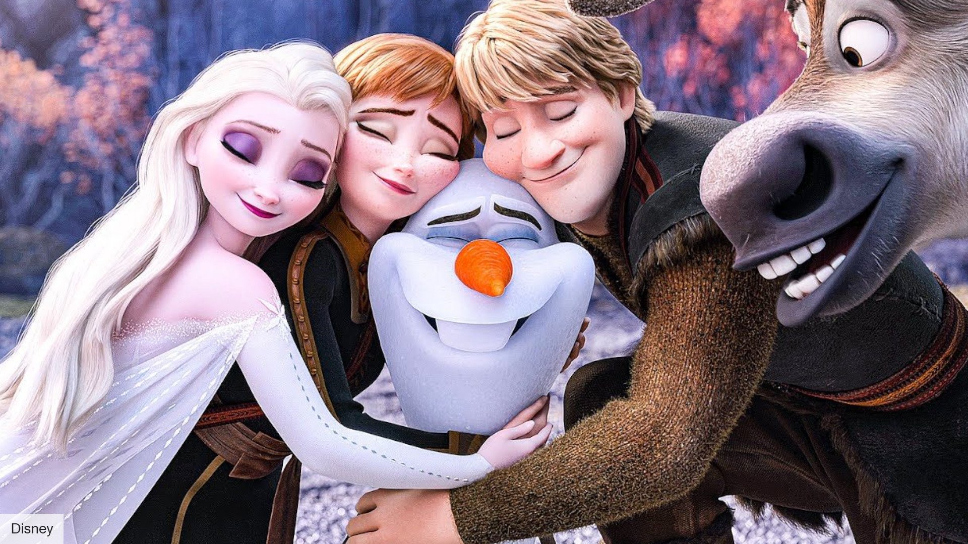 Frozen 3 release date: Elsa, Anna, Olaf, Kristoff, and Sven all hugging in Frozen 2