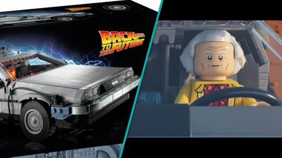 LEGO Back to the Future images spliced together: one shows the boxed LEGO DeLorean, the other shows a LEGO Emmett Brown driving the car from the products official trailer.