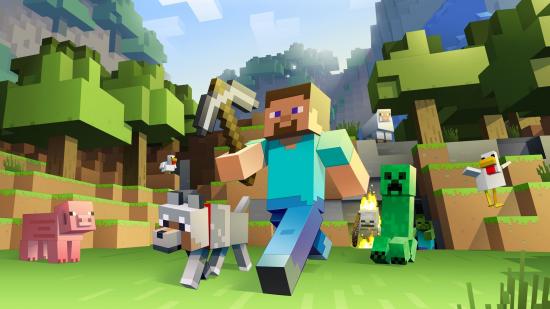Minecraft movie release date: Minecraft Steve holding a pickaxe