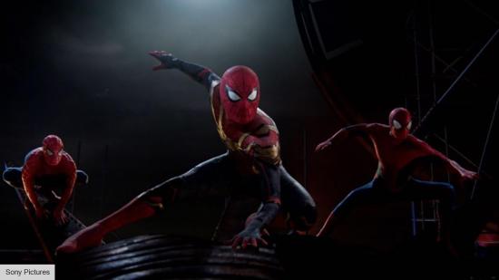 The three Spider-Men strike a pose in No Way Home