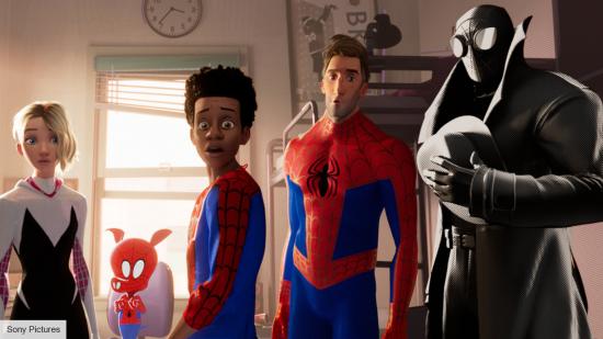 Miles Morales and the inter-dimensional Spider-People look confused in Spider-Verse