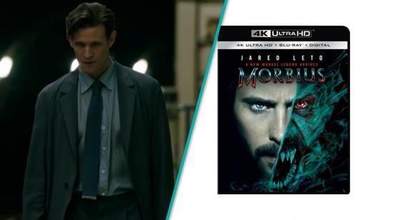Morbius DVD release images splices together - on the left is an image of Matt Smith as Milo Morbius, on the right, an image of the Morbius HD DVD box.