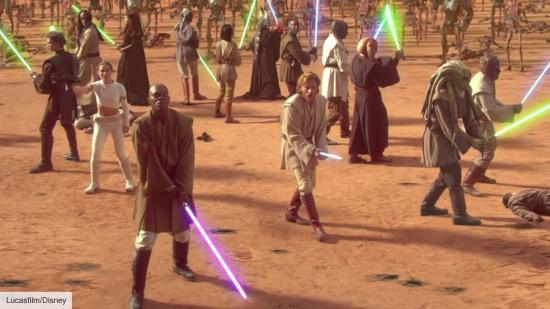 Samuel L Jackson, Ewan McGregor, Hayden Christensen, and Natalie Portman in Star Wars: Attack of the Clones