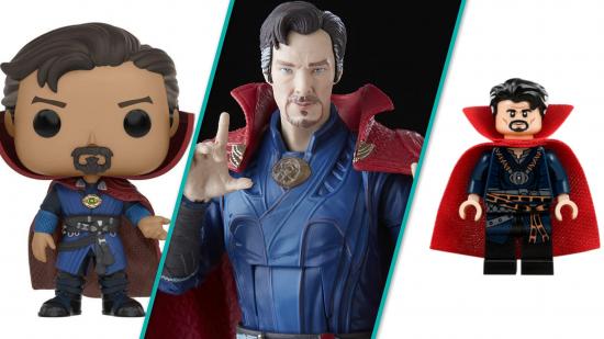 Doctor Strange toys seen across three images that are spliced together, one shows a Funko Pop Doctor Strange, one shows a Marvel Legends Doctor Strange action figure, and the final one shows a Doctor Strange LEGO mini-figure.