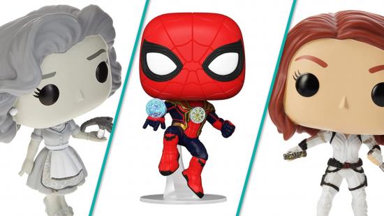 Marvel Funko Pops from the MCU Phase 4. An image shows three Pop Funko figures: 50s Wanda, Spider-Man and Black Widow.