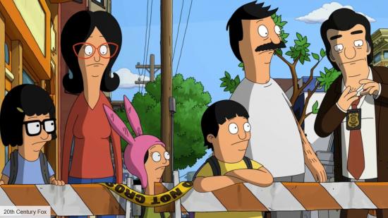 The Bob's Burgers Movie review: the Belcher family standing outside a crime scene