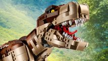 LEGO Jurassic World sets - an image shows a roaring LEGO dinosaur.