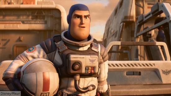 Lightyear DVD release - a still from the trailer shows Buzz Lightyear standing and holding his helmet.