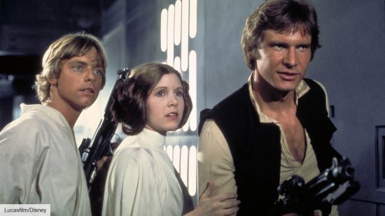 Mark Hamill as Luke Skywalker, Harrison Ford as Han Solo, and Carrie Fisher as Leia Organa in Star Wars A New Hope