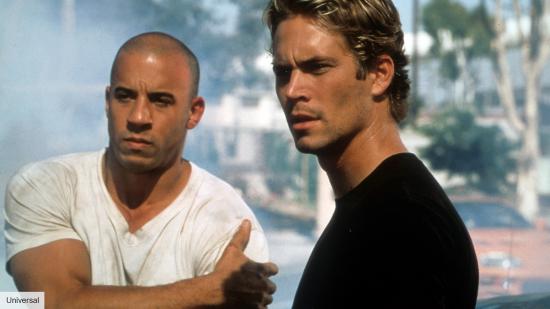 Paul Walker and Vin Diesel as Dom and Brian in The Fast and the Furious