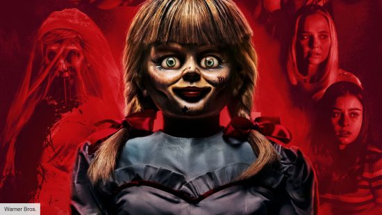 The Annabelle doll in the Annabelle Comes Home poster