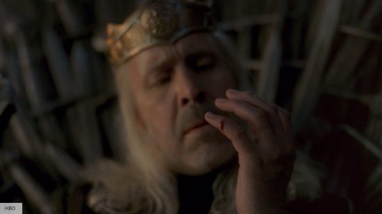 Viserys cuts his hand on the Iron Throne in House of the Dragon