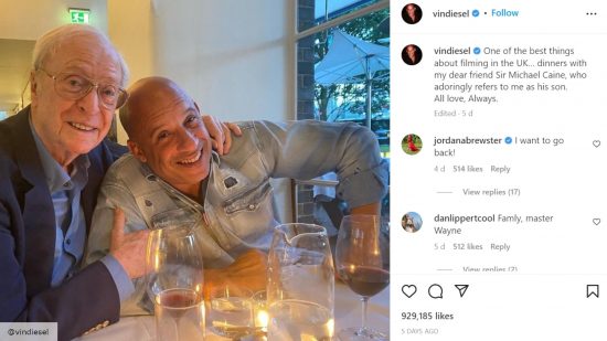Michael Caine and Vin Diesel smiling in an Instagram post