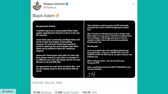 A screenshot of Dwayne Johnson's Black Adam statement 