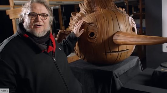 Guillermo del Toro with huge Pinocchio puppet