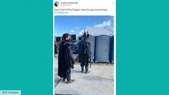 Screenshot from Twitter showing the Cult of the Dragon on the set of the new DnD movie 
