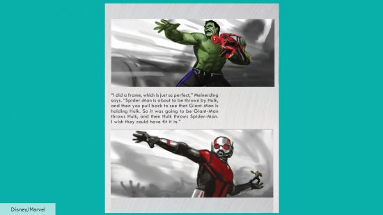 Concept art from Avengers Endgame featuring Giant-Man, Hulk, and Spider-Man