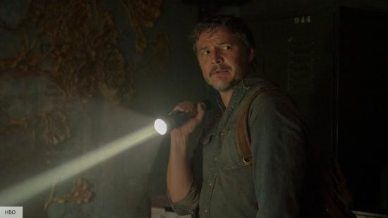 Pedro Pascal in The Last of Us stands in front of someoen infected with cordyceps