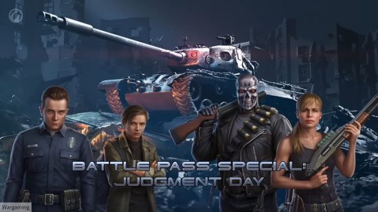 World of Tanks x Terminator 2: Judgement Day crossover battle pass. Image shows the T-1000, John Connor, the T-800, Sarah Connor, the T-832 tank and text that reads "Battle Pass Special: Judgement Day"
