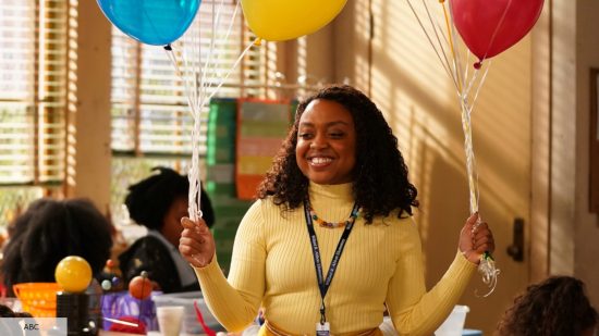 Abbott Elementary season 3 release date: Quinta Brunson as Janine in Abbott Elementary holding balloons
