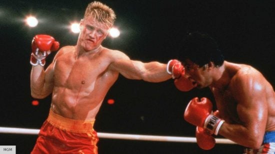 Dolph Lundgren as Ivan Drago and Sylvester Stallone as Rocky Balboa in Rocky 4