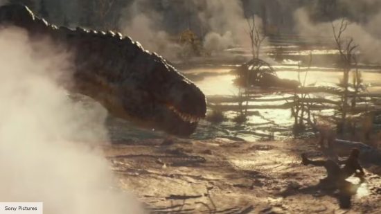 A huge dinosaur approaches Mills (Adam Driver) in 65