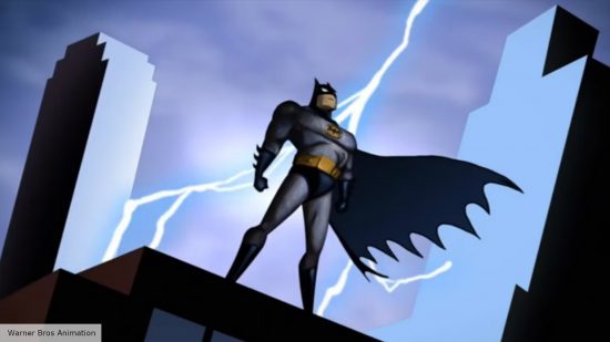 Batman (Kvin Conroy) looms over the city of Gotham in Batman: The Animated Series