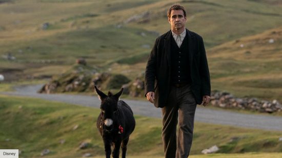 Colin Farrell and Jenny the Donkey in Banshees of Inisherin