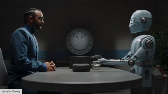 Dr Pershing and a droid in The Mandalorian season 3 episode 3